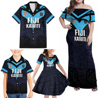 Custom Fiji Kaiviti Rugby Family Matching Off Shoulder Maxi Dress and Hawaiian Shirt Fiji Tapa Pattern LT05 - Polynesian Pride
