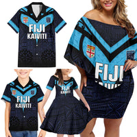 Custom Fiji Kaiviti Rugby Family Matching Off Shoulder Short Dress and Hawaiian Shirt Fiji Tapa Pattern LT05 - Polynesian Pride