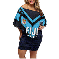 Custom Fiji Kaiviti Rugby Family Matching Off Shoulder Short Dress and Hawaiian Shirt Fiji Tapa Pattern LT05 Mom's Dress Blue - Polynesian Pride