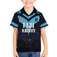 Custom Fiji Kaiviti Rugby Family Matching Off Shoulder Short Dress and Hawaiian Shirt Fiji Tapa Pattern LT05 Son's Shirt Blue - Polynesian Pride