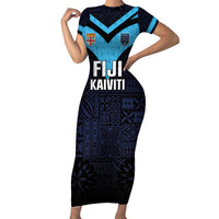 Custom Fiji Kaiviti Rugby Family Matching Short Sleeve Bodycon Dress and Hawaiian Shirt Fiji Tapa Pattern LT05 Mom's Dress Blue - Polynesian Pride
