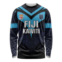 Custom Fiji Kaiviti Rugby Long Sleeve Shirt Fiji Tapa Pattern LT05 Unisex Blue - Polynesian Pride