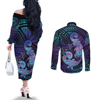 Hawaii Makahiki Turtle Couples Matching Off The Shoulder Long Sleeve Dress and Long Sleeve Button Shirt Spiral Polynesian Tattoo