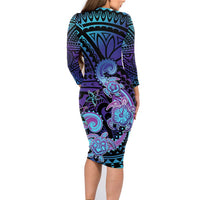Hawaii Makahiki Turtle Family Matching Long Sleeve Bodycon Dress and Hawaiian Shirt Spiral Polynesian Tattoo LT05 - Polynesian Pride
