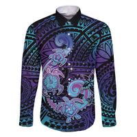 Hawaii Makahiki Turtle Family Matching Short Sleeve Bodycon Dress and Hawaiian Shirt Spiral Polynesian Tattoo LT05 Dad's Shirt - Long Sleeve Purple - Polynesian Pride