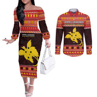 Papua New Guinea Christmas Couples Matching Off The Shoulder Long Sleeve Dress and Long Sleeve Button Shirt Santa Raggiana LT05 Red - Polynesian Pride