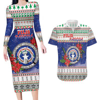 Northern Mariana Islands Christmas Couples Matching Long Sleeve Bodycon Dress and Hawaiian Shirt Poinsettia Filis Pasgua LT05 Blue - Polynesian Pride