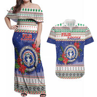 Northern Mariana Islands Christmas Couples Matching Off Shoulder Maxi Dress and Hawaiian Shirt Poinsettia Filis Pasgua LT05 Blue - Polynesian Pride