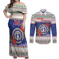 Northern Mariana Islands Christmas Couples Matching Off Shoulder Maxi Dress and Long Sleeve Button Shirt Poinsettia Filis Pasgua LT05 Blue - Polynesian Pride