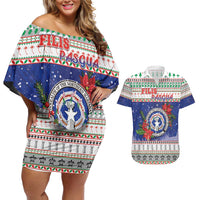 Northern Mariana Islands Christmas Couples Matching Off Shoulder Short Dress and Hawaiian Shirt Poinsettia Filis Pasgua LT05 Blue - Polynesian Pride