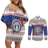 Northern Mariana Islands Christmas Couples Matching Off Shoulder Short Dress and Long Sleeve Button Shirt Poinsettia Filis Pasgua LT05 Blue - Polynesian Pride