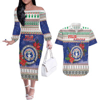 Northern Mariana Islands Christmas Couples Matching Off The Shoulder Long Sleeve Dress and Hawaiian Shirt Poinsettia Filis Pasgua LT05 Blue - Polynesian Pride