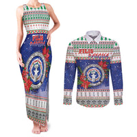 Northern Mariana Islands Christmas Couples Matching Tank Maxi Dress and Long Sleeve Button Shirt Poinsettia Filis Pasgua LT05 Blue - Polynesian Pride