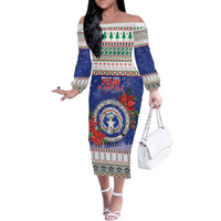 Northern Mariana Islands Christmas Family Matching Off The Shoulder Long Sleeve Dress and Hawaiian Shirt Poinsettia Filis Pasgua LT05 Mom's Dress Blue - Polynesian Pride