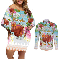 Hawaii Thanksgiving Couples Matching Off Shoulder Short Dress and Long Sleeve Button Shirt Funny Turkey Dabbing Dance LT05 Blue - Polynesian Pride