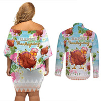 Hawaii Thanksgiving Couples Matching Off Shoulder Short Dress and Long Sleeve Button Shirt Funny Turkey Dabbing Dance LT05 - Polynesian Pride