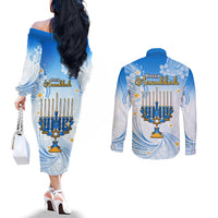 Polynesia Hanukkah Festival Couples Matching Off The Shoulder Long Sleeve Dress and Long Sleeve Button Shirt With Menorah Polynesian Style LT05 - Polynesian Pride