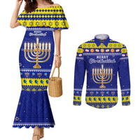 Personalised Polynesia Christmukkah Couples Matching Mermaid Dress and Long Sleeve Button Shirt Menorah With Polynesian Tribal Pattern LT05 Blue - Polynesian Pride