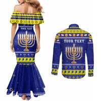 Personalised Polynesia Christmukkah Couples Matching Mermaid Dress and Long Sleeve Button Shirt Menorah With Polynesian Tribal Pattern LT05 - Polynesian Pride