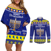 Personalised Polynesia Christmukkah Couples Matching Off Shoulder Short Dress and Long Sleeve Button Shirt Menorah With Polynesian Tribal Pattern LT05 Blue - Polynesian Pride