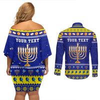 Personalised Polynesia Christmukkah Couples Matching Off Shoulder Short Dress and Long Sleeve Button Shirt Menorah With Polynesian Tribal Pattern LT05 - Polynesian Pride