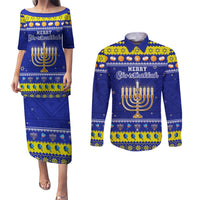 Personalised Polynesia Christmukkah Couples Matching Puletasi Dress and Long Sleeve Button Shirt Menorah With Polynesian Tribal Pattern LT05 Blue - Polynesian Pride