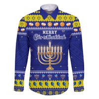 Personalised Polynesia Christmukkah Family Matching Summer Maxi Dress and Hawaiian Shirt Menorah With Polynesian Tribal Pattern LT05 Dad's Shirt - Long Sleeve Blue - Polynesian Pride
