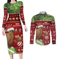 New Zealand Kiwi Christmas Couples Matching Long Sleeve Bodycon Dress and Long Sleeve Button Shirt Paua Shell Glitter Green LT05 Red - Polynesian Pride