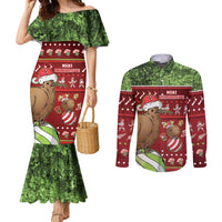 New Zealand Kiwi Christmas Couples Matching Mermaid Dress and Long Sleeve Button Shirt Paua Shell Glitter Green LT05 Red - Polynesian Pride