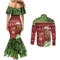 New Zealand Kiwi Christmas Couples Matching Mermaid Dress and Long Sleeve Button Shirt Paua Shell Glitter Green LT05 - Polynesian Pride