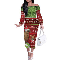 New Zealand Kiwi Christmas Family Matching Off The Shoulder Long Sleeve Dress and Hawaiian Shirt Paua Shell Glitter Green LT05 Mom's Dress Red - Polynesian Pride
