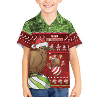 New Zealand Kiwi Christmas Family Matching Off The Shoulder Long Sleeve Dress and Hawaiian Shirt Paua Shell Glitter Green LT05 Son's Shirt Red - Polynesian Pride