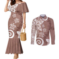 Polynesia Couples Matching Mermaid Dress and Long Sleeve Button Shirt Brown Tribal Turtle Floral Pattern