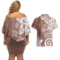 Polynesia Couples Matching Off Shoulder Short Dress and Hawaiian Shirt Brown Tribal Turtle Floral Pattern