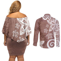 Polynesia Couples Matching Off Shoulder Short Dress and Long Sleeve Button Shirt Brown Tribal Turtle Floral Pattern