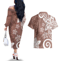 Polynesia Couples Matching Off The Shoulder Long Sleeve Dress and Hawaiian Shirt Brown Tribal Turtle Floral Pattern
