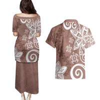 Polynesia Couples Matching Puletasi and Hawaiian Shirt Brown Tribal Turtle Floral Pattern