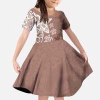 Polynesia Family Matching Off The Shoulder Long Sleeve Dress and Hawaiian Shirt Brown Tribal Turtle Floral Pattern