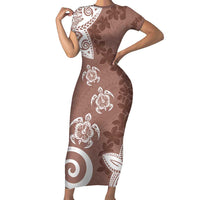Polynesia Family Matching Short Sleeve Bodycon Dress and Hawaiian Shirt Brown Tribal Turtle Floral Pattern
