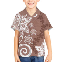 Polynesia Family Matching Short Sleeve Bodycon Dress and Hawaiian Shirt Brown Tribal Turtle Floral Pattern
