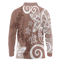 Polynesia Long Sleeve Polo Shirt Brown Tribal Turtle Floral Pattern