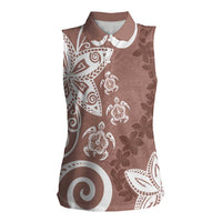 Polynesia Women Sleeveless Polo Shirt Brown Tribal Turtle Floral Pattern