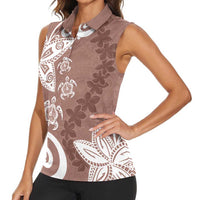 Polynesia Women Sleeveless Polo Shirt Brown Tribal Turtle Floral Pattern