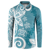 Polynesia Button Sweatshirt Hippie Blue Tribal Turtle Floral Pattern