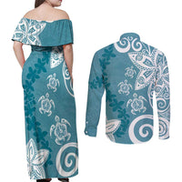 Polynesia Couples Matching Off Shoulder Maxi Dress and Long Sleeve Button Shirt Hippie Blue Tribal Turtle Floral Pattern