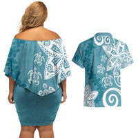 Polynesia Couples Matching Off Shoulder Short Dress and Hawaiian Shirt Hippie Blue Tribal Turtle Floral Pattern