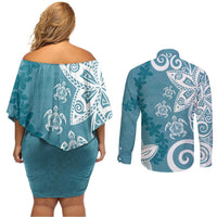 Polynesia Couples Matching Off Shoulder Short Dress and Long Sleeve Button Shirt Hippie Blue Tribal Turtle Floral Pattern