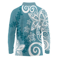 Polynesia Long Sleeve Polo Shirt Hippie Blue Tribal Turtle Floral Pattern