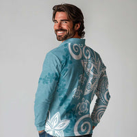 Polynesia Long Sleeve Polo Shirt Hippie Blue Tribal Turtle Floral Pattern