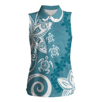 Polynesia Women Sleeveless Polo Shirt Hippie Blue Tribal Turtle Floral Pattern